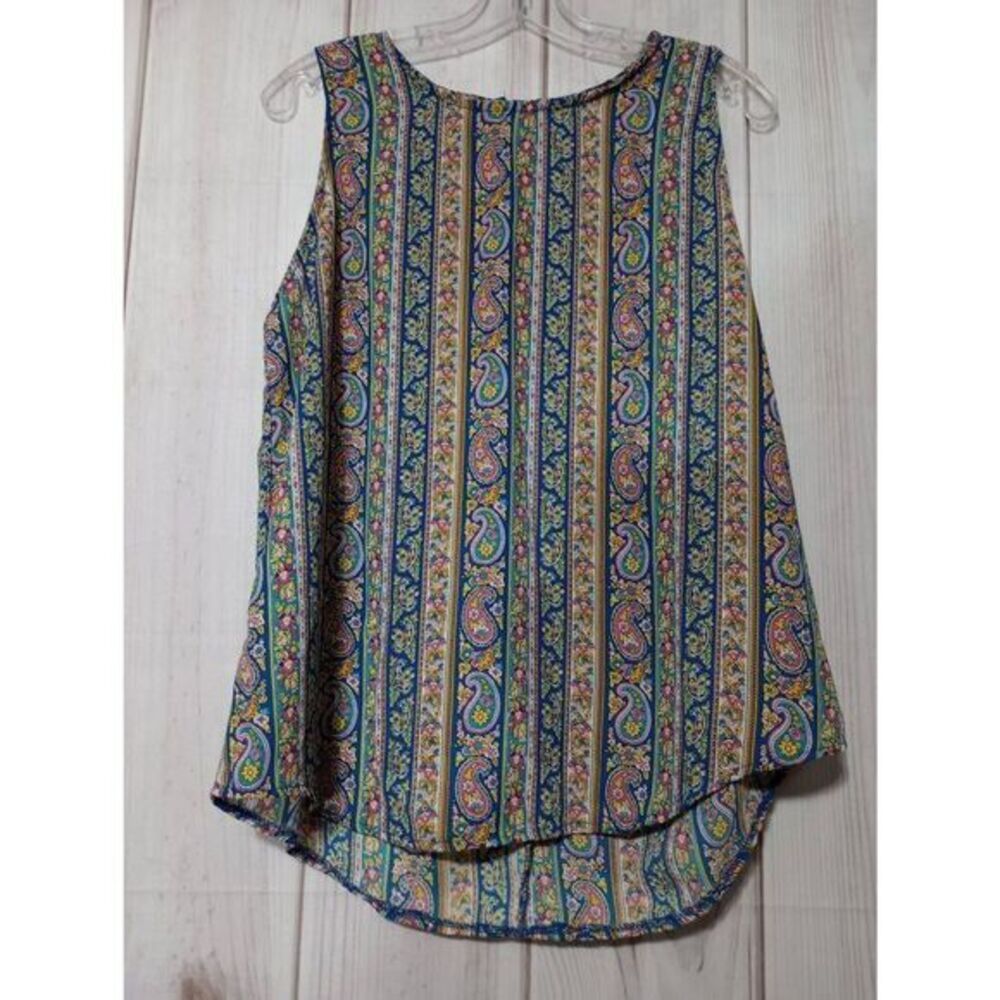 Ladies Large Paisley Print Sleeveless Blouse Top, Blue Floral Striped Tank